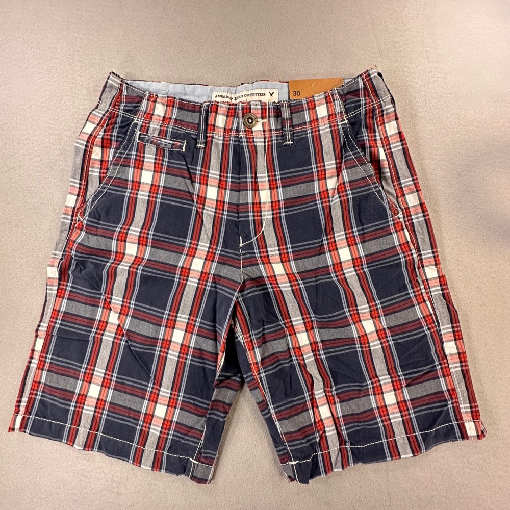 NWT American Eagle Outfitters Mens‎ 30 Plaid Classic Length Shorts Navy Blue Red